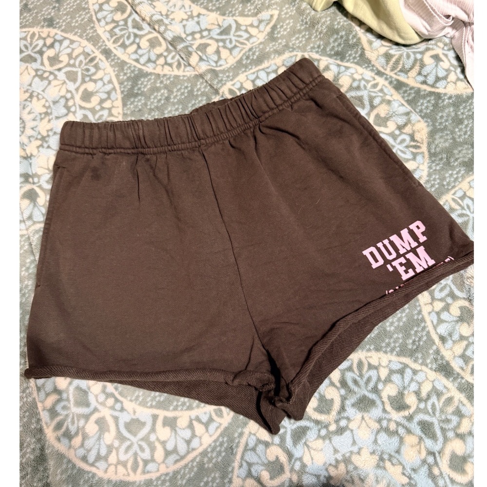 Mayfair Group Dump 'Em Greeni/Brown Graphic Sweat Shorts XS Womens Lounge Shorts